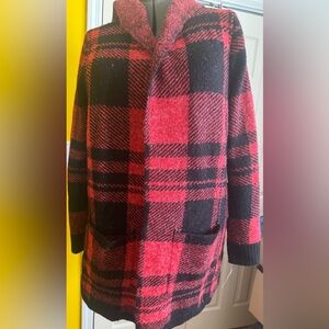 Cyrus sweater coat in a vibrant red and black plaid pattern